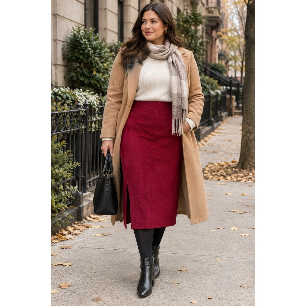 Lafayette 148 New York Suede Midi Skirt 10 Burgundy Red Leather Side Slit